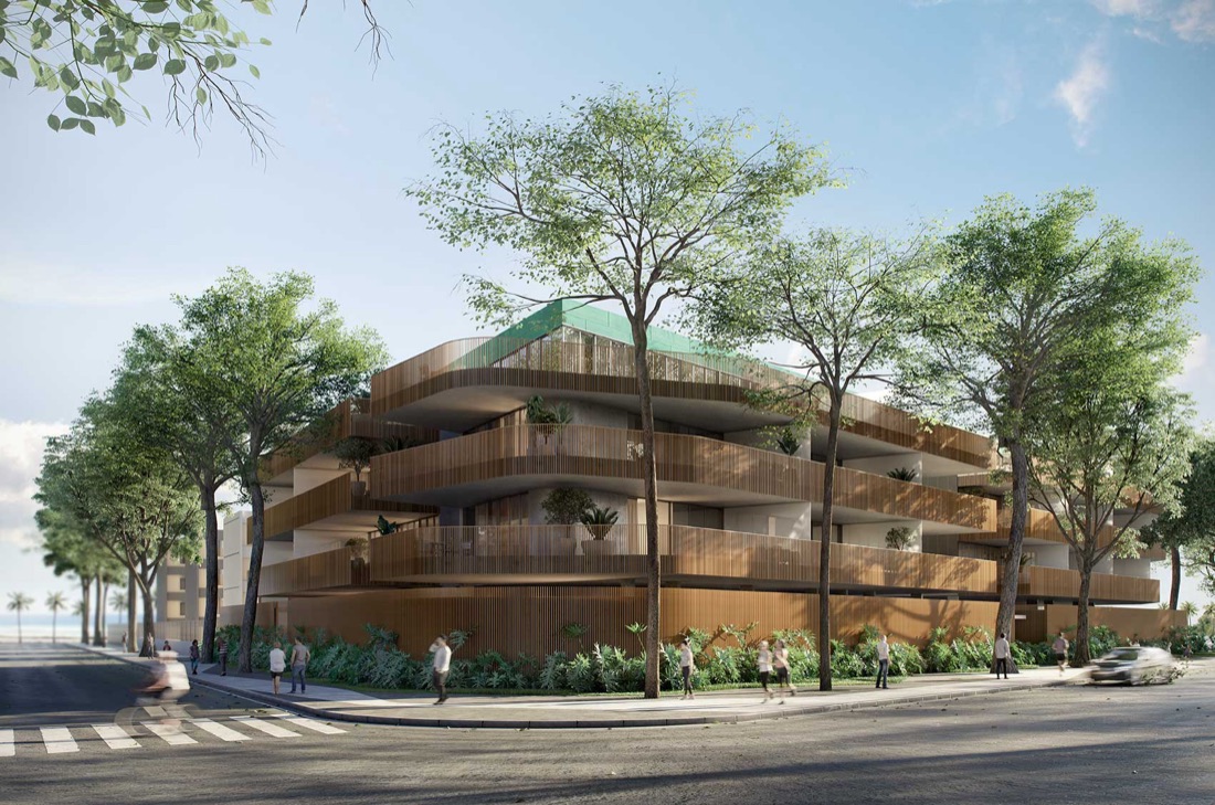 Fachada de edifício residencial da Itten, com varandas de madeira entre árvores