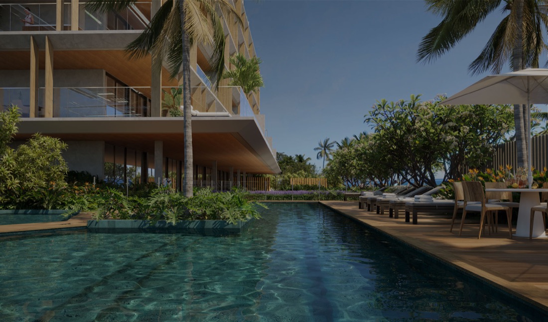 Piscina e área de lazer do Praia Residencial Mar, com palmeiras